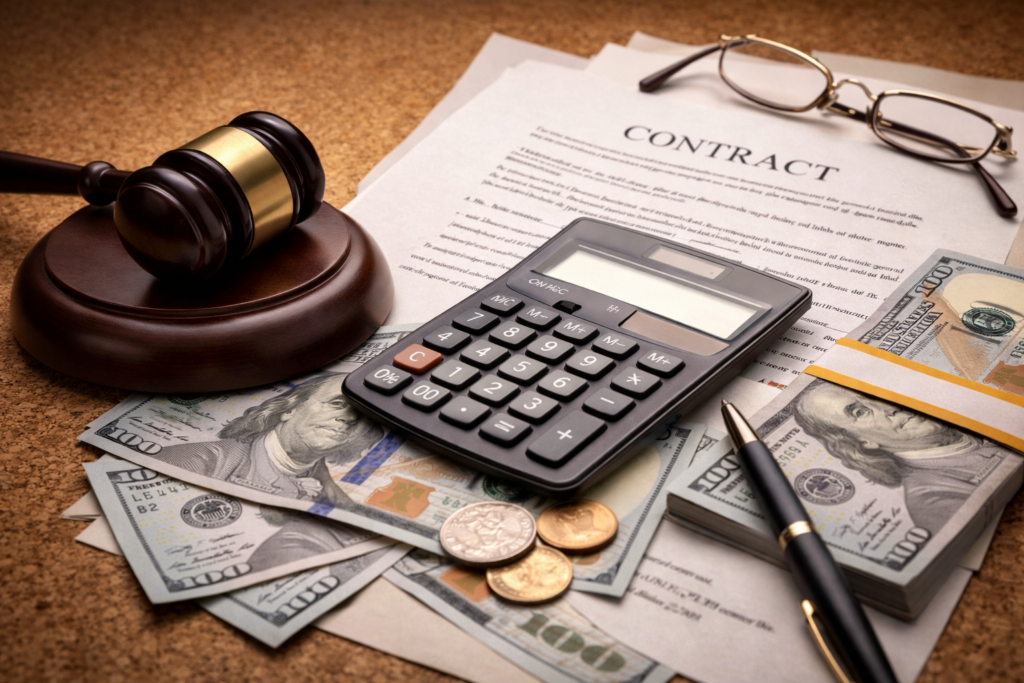 Legal and financial essentials on desk